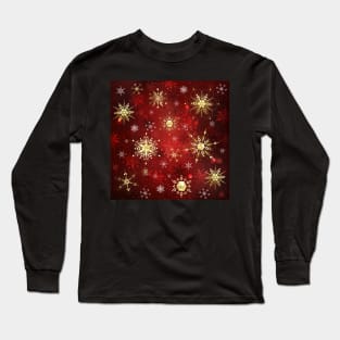 Golden Snowflakes on Red Background Long Sleeve T-Shirt